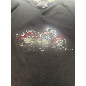 Christine Alexander Black V Neck 3/4 Length Sleeved Motorcycle Crystal Tee. Sz L